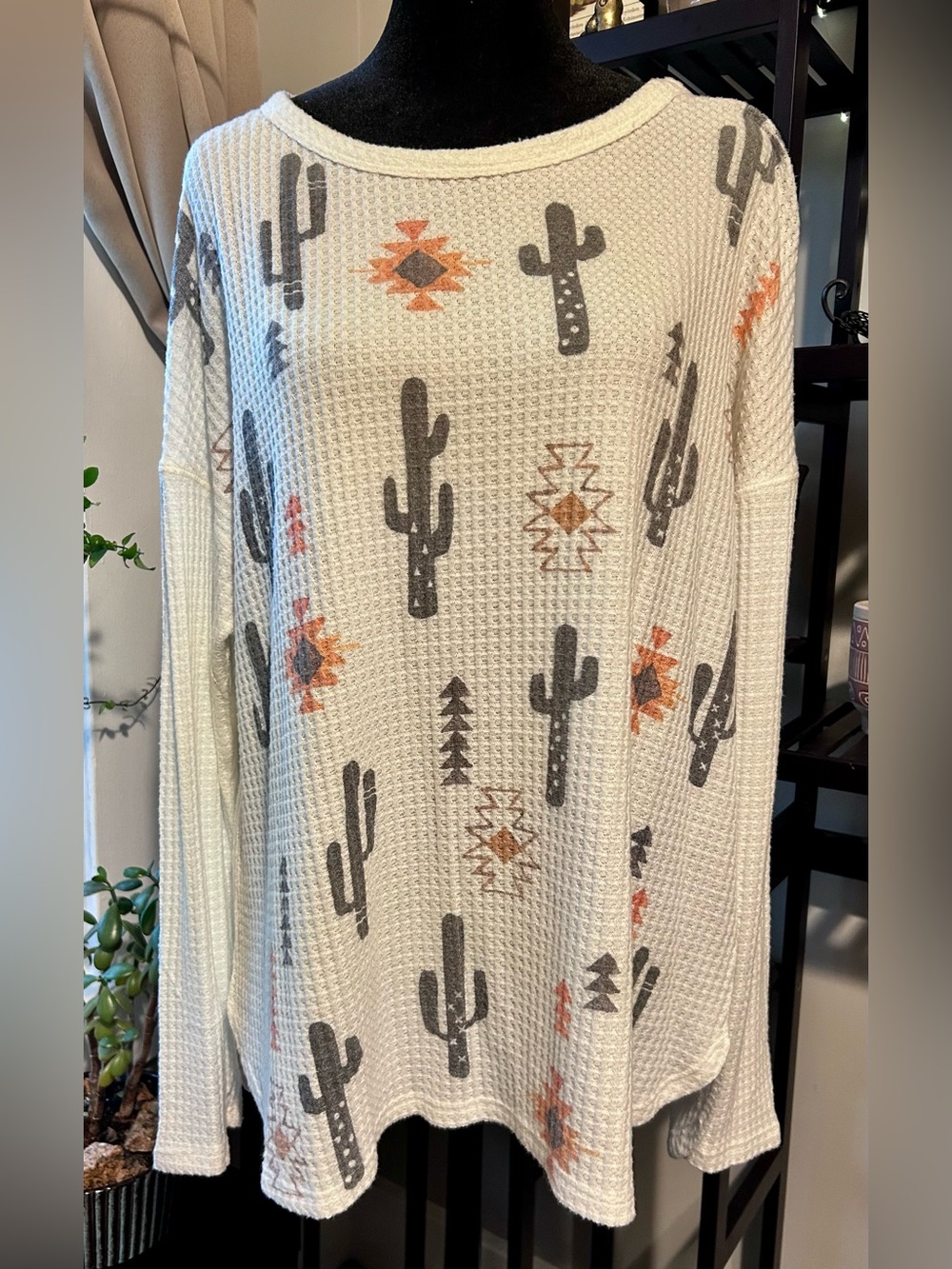 Cream Waffle Knit Cactus Print Pullover Sweatshirt